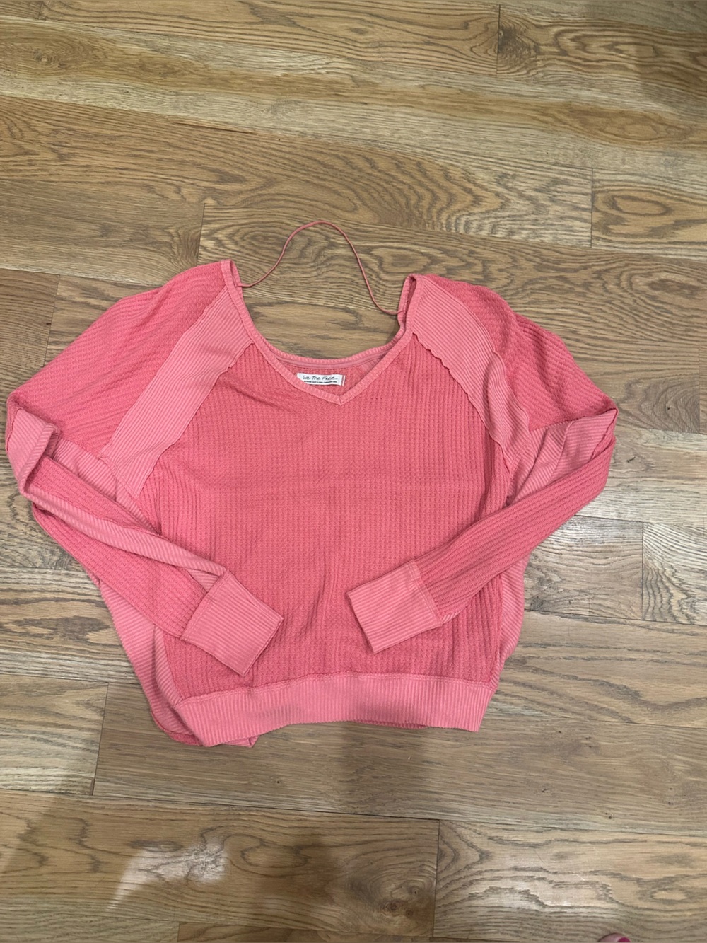 We The Free Coral Pink Ribbed V-Neck Long Sleeve Top